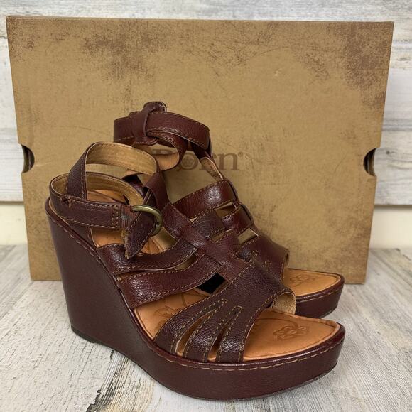 Born womens 8 brown leather FILOMENA WEDGE SANDAL PLATFORM shoe buckle ankle - Picture 4 of 7